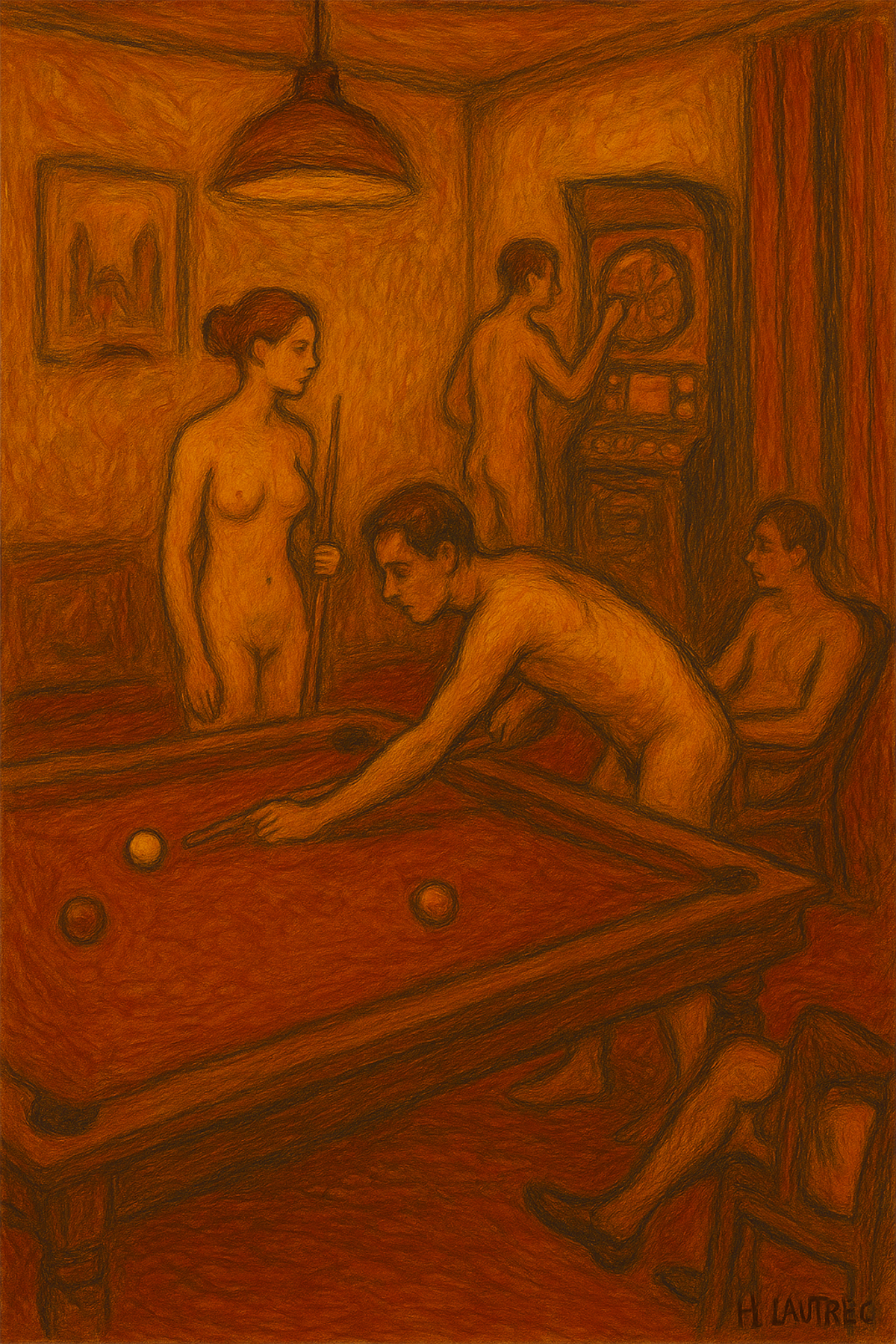 Espace billard et fléchettes dans un style artistique Toulouse-Lautrec